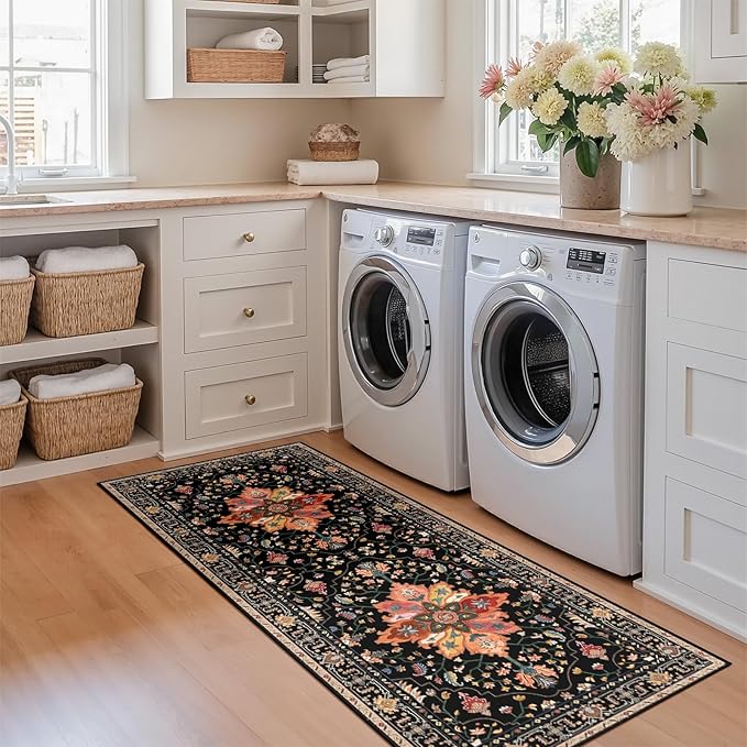 RELEANY Washable Area Rug, Runner 2'x5', Black/Colorful | Non-Slip, Water Repellent, Pet Friendly, Easy to Clean, Vintage Floral Boho Decor for Kitchen Entry Bedroom Bedside Laundry