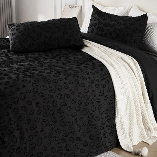 ROSE&RISY Black Leopard Jacquard Textured Queen Duvet Cover Set, 3 Pieces Soft Tufted Bedding Queen Set All Seasons, Breathable and Cozy, Includes 1 Duvet Cover, 2 Pillowcases (Black, King Size)