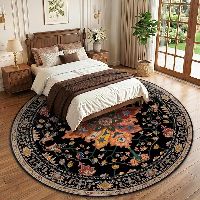 RELEANY Washable Area Rug, Round 10ft, Black/Colorful | Non-Slip, Water Repellent, Pet Friendly, Easy to Clean, Vintage Floral Boho Decor for Living Room Bedroom Dining Room