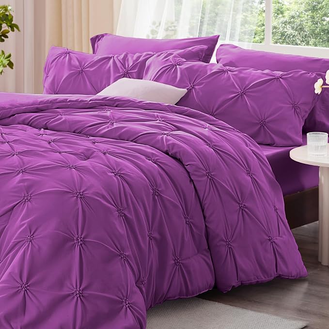 BEDELITE Queen Comforter Set Purple,Lightweight & Soft Comforter | Pintuck Boho Bedding, Warm & Cute Bed Set for All Season,With 2 Pillowcases