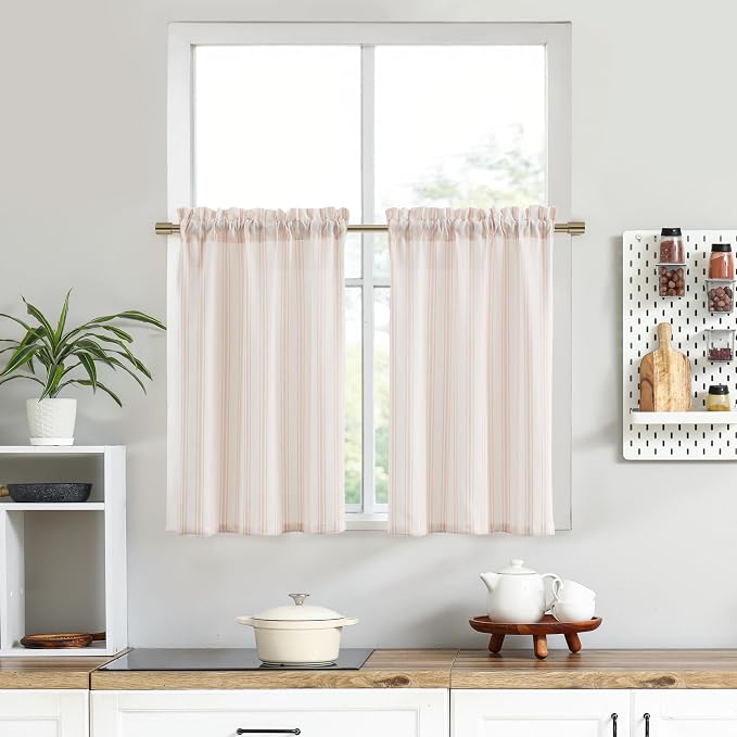 ZJDECOR Pink Striped Light Filtering Tier Kitchen Curatins,27" Wx45 Lx2 | Cafe Curtains,Semi Sheer,Rod Pocket,Cotton Blended Tier,Farmhouse Style,Bathroom RV Window Treatment