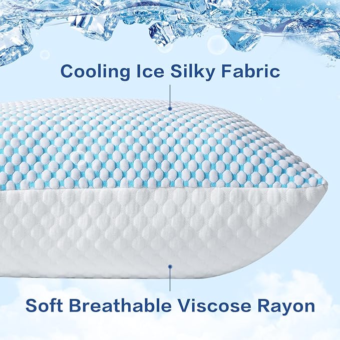 EASELAND Cooling Standard Size Firm Pillows, Shredded Memory Foam Set of 2 | Adjustable Fill with Removable Cover for Hot Sleepers, Cool Bed Support Pillow for Side Back Stomach Sleepers