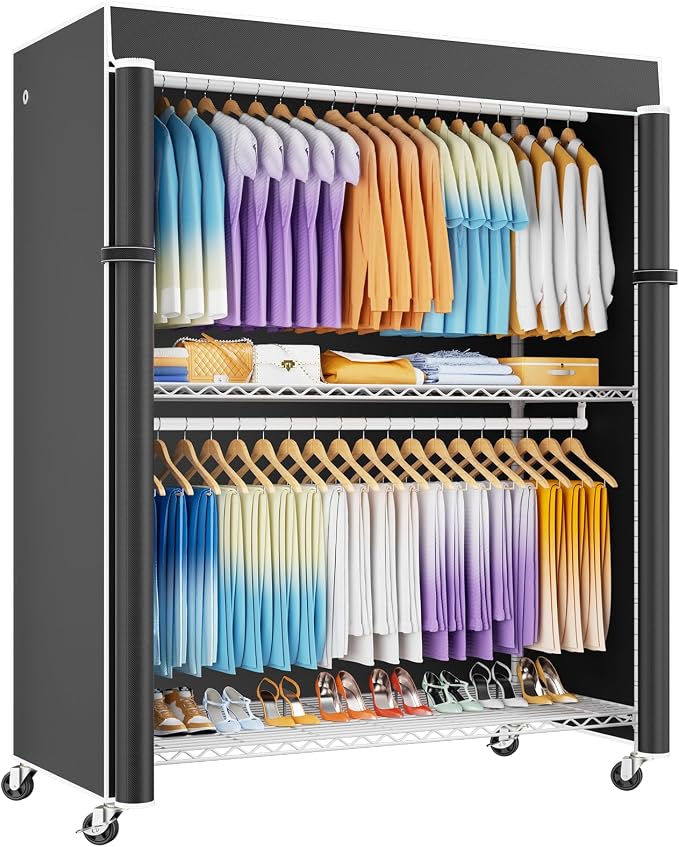 P8C Max Heavy Duty Clothes Rack（With Extended Width Design） Rolling Clothing Racks for Hanging Clothes with Lockable Wheels，51.2"W x 15.8"D x 80.5"H，Load 800LBS，White Rack with Black Cover