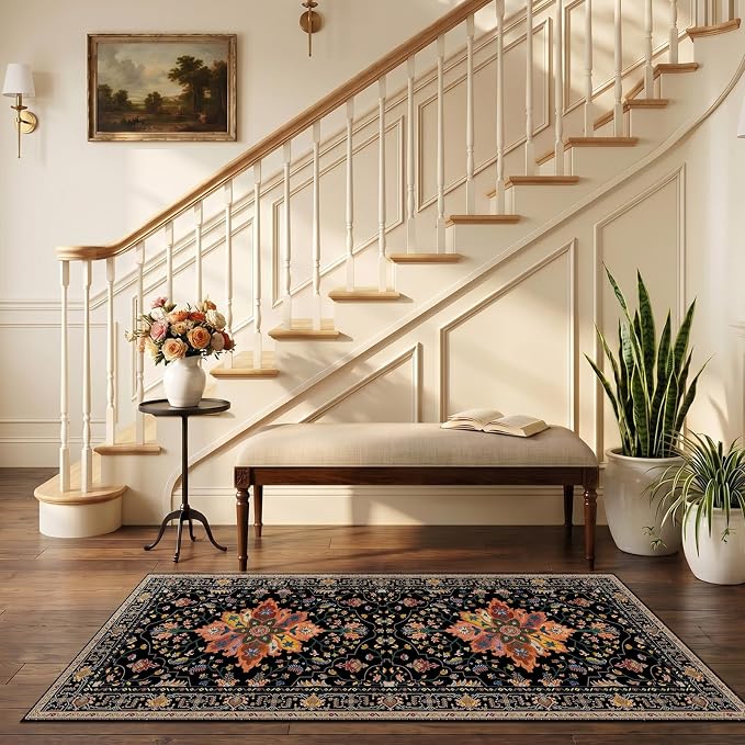 RELEANY Washable Area Rug, Runner 2'6"x5', Black/Colorful | Non-Slip, Water Repellent, Pet Friendly, Easy to Clean, Vintage Floral Boho Decor for Kitchen Entry Bedroom Bedside Laundry