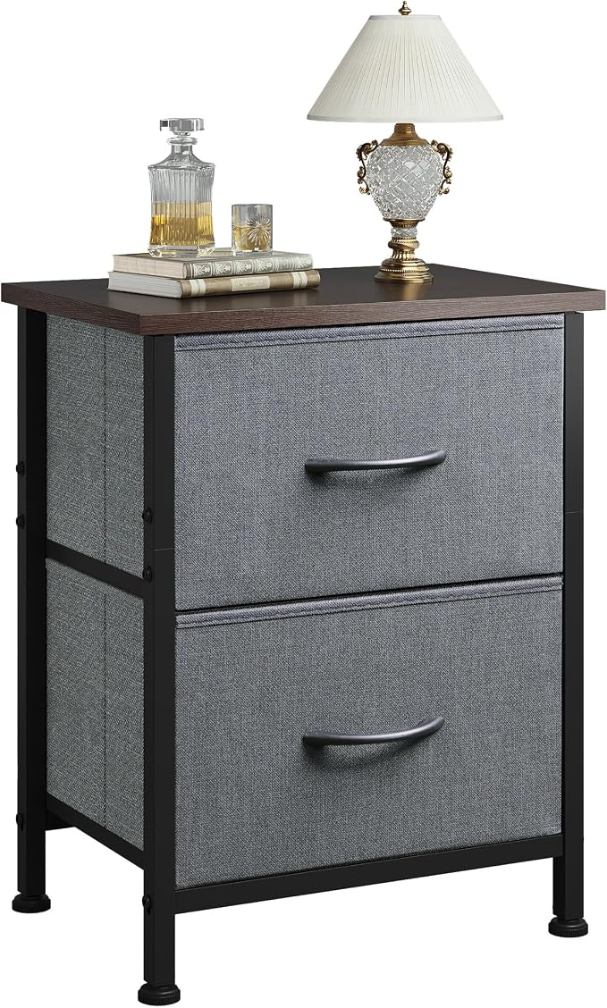 WLIVE Nightstand, 2 Drawer Dresser for Bedroom, Small Dresser with 2 Drawers, Bedside Furniture, Night Stand, End Table with Fabric Bins for Bedroom, Closet, Entryway, College Dorm, Dark Grey | End Table with Fabric Bins for Bedroom, 15-Min Quick-Assem...