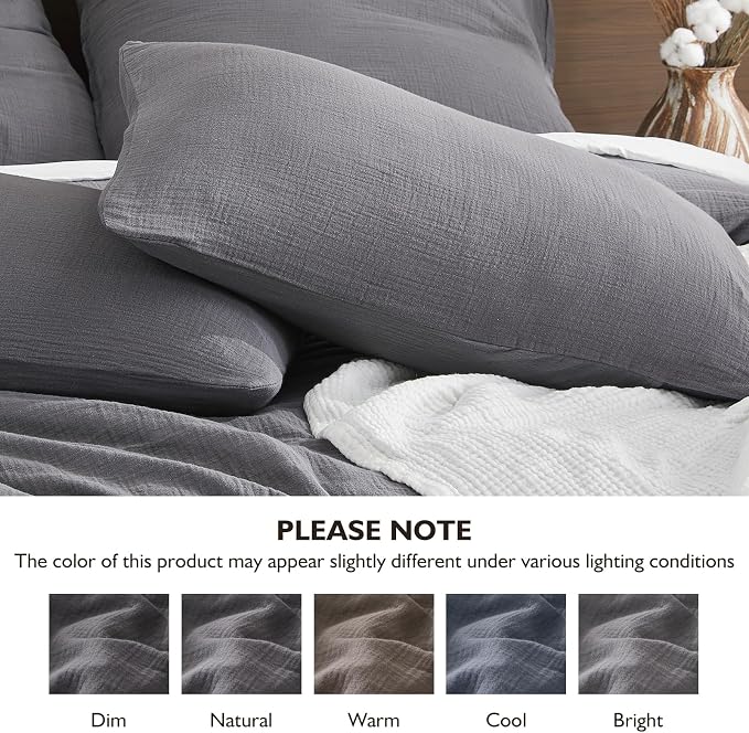 EMME Muslin Cotton Duvet Cover Set Queen Size Linen Like Soft Breathable Lightweight Summer Comforter Cover Set with Zipper Closure (Dark Grey, Queen, 90"x90")