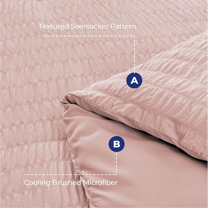 HYMOKEGE Rose Gold Oversized Queen Comforter Set Seersucker 7 Pieces, All Season Luxury Bed in a Bag for Bedroom, Bedding Set with Comforter, Sheets, Pillowcases & Shams