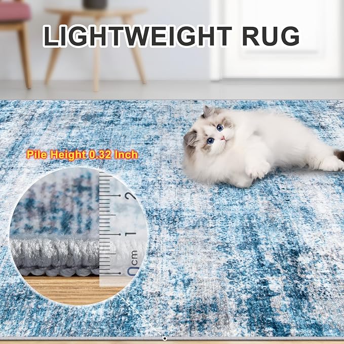 PLHXFR 8x10 Area Rug Living Room: Modern Abstract Washable Carpet Blue | For Bedroom Dining Room Farmhouse Nursery Home,Machine washable,Non Slip,Large Soft Neutral,Stain Resistant, Indoor Floor