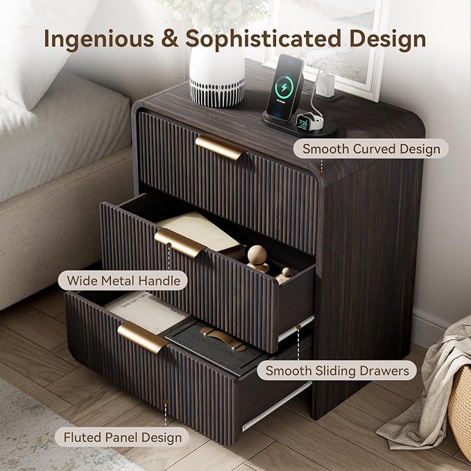 24" 3 Drawers Fluted Nightstand, Black Walnut | 3 Drawers Bedside Table, Metal Handles & Charging Station, Curved Profile End Table for Bedroom