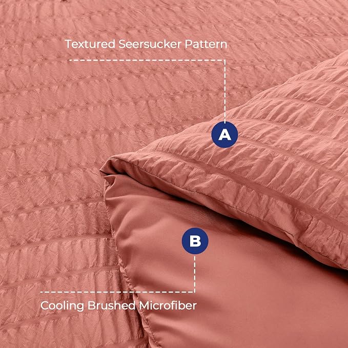 HYMOKEGE Coral Red Twin Size Duvet Cover, Ultra Soft 2-Piece Seersucker Duvet Cover Set with Zipper Closure, Soft Brushed Microfiber Bedding Set with 8 Corner Ties (68"x90", 1 Pillowshams)