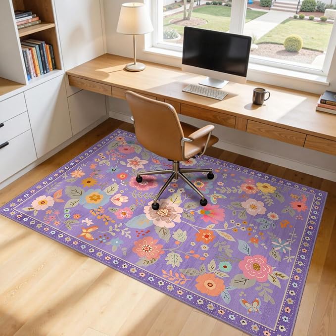 RELEANY Floral Washable 5x8 Area Rugs Purple/Pink | Flower Carpet, Print, Boho, Non-Slip, Easy to Clean, Soft, Low Pile for Living Room Bedroom Kitchen Office Entryway Hallway