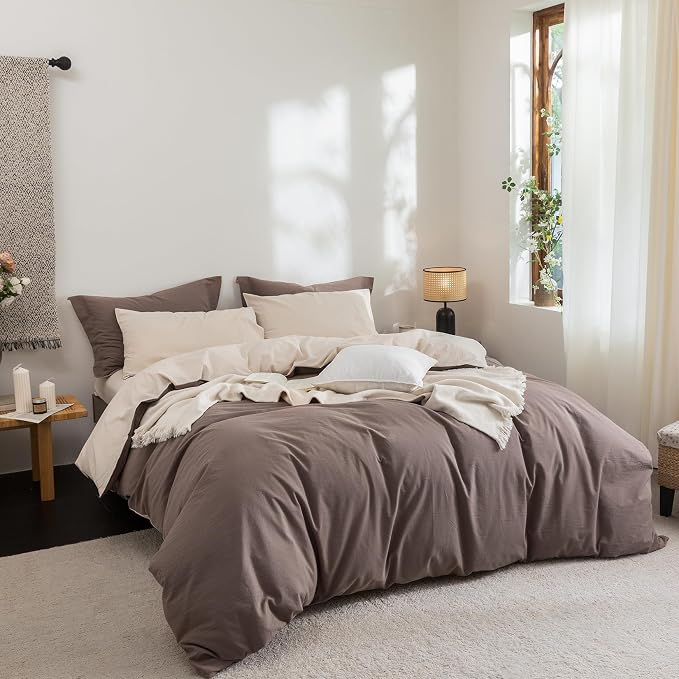 BDEAR 3Pcs Reversible Duvet Cover Set Super Queen Size,Brown and Beige | 100% Washed Cotton, 1 Duvet Cover with 2 Pillowcases, Zipper Closure, OEKO TEX Standard,8 Corner Ties,Linen-Liked Texture