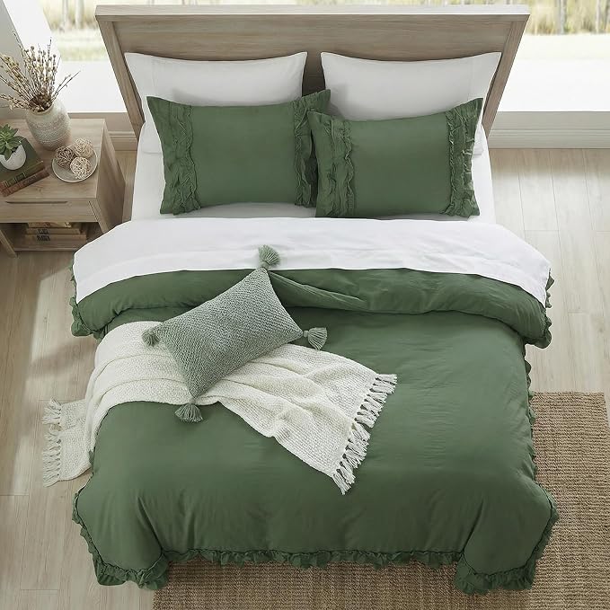 Bedorm Boho King Duvet Cover Olive Green Bedding Set Shabby Chic Lace Fringe Ruffle Bedding Super Soft Warm Farmhouse Comforter Cover 3 Pcs Sets