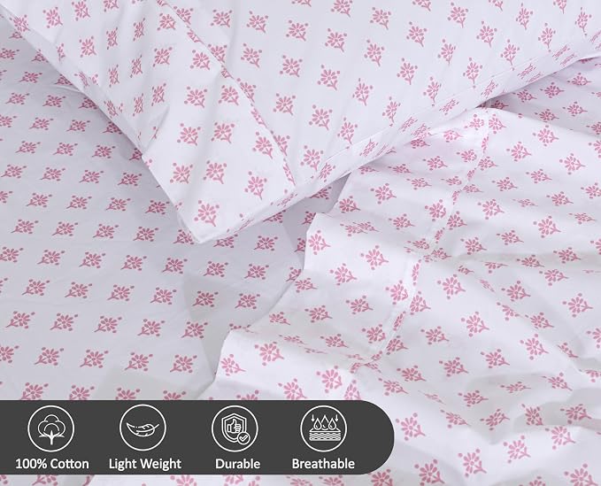 RUVANTI 100% Cotton Percale Sheets Split King Size, Block Print Motif | Crisp Cooling, Deep Pocket 16", Soft Breathable & Durable, Hotel-Style, 5 Piece Set