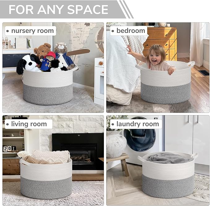INDRESSME Large Woven Rope Blanket Basket Living Room Light Grey, 65L | 19.7" x 12.6" Storage baskets for laundry, toys & pillows. For living room, bedroom or nursery decor. soft-touch, gift basket