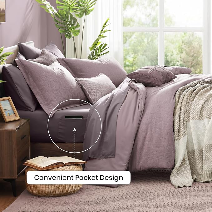 Monbix Full Size Comforter Set 7 Pieces Lilac Cationic Dyeing Bed in a Bag | Lightweight Reversible All Season Bedding Sets with Comforter, Sheets, Pillowcases & Shams