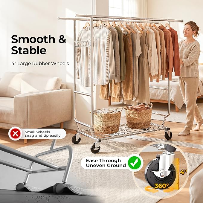 HOKEEPER Clothes Rack Heavy Duty Clothing Rack Load 650 LBS Collapsible Garment Rack with Wheels Double Rod Clothes Rack for Hanging Clothes Commercial Portable Closet Rack with Shelves 22"D*75"W*68"H | Garment Rack with Wheels Double Rod Clothes Rack ...