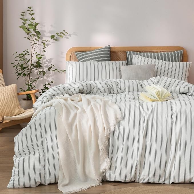 BESTOUCH Striped Cotton Duvet Cover Set Linen Feel California King | 100% Washed Cotton, Soft Wrinkle Texture, Hidden Zipper, 8 Ties, Breathable Lightweight Durable Comfy, 3 Pcs No Insert