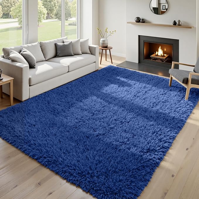 6x9 Fluffy Shag Area Rugs for Living Room Bedroom: Soft Plush Carpet Blue | Upgraded Non-Slip Thick Memory Foam, Ultra Soft, Non-Shedding Fuzzy Carpet, Easy Clean Decor for Kids Room, Nursery, Playroom