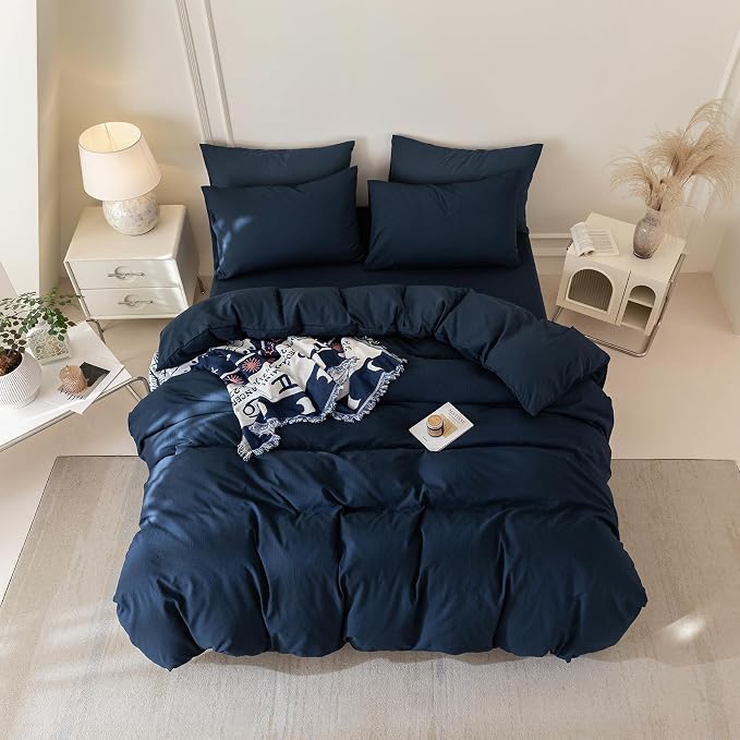 BDEAR 3Pcs Navy Blue Pinstriped Duvet Cover Set Queen Size 90''Wx90''L | Light Weight Design, 1 Duvet Cover with 2 Pillowcases, Zipper Closure, OEKO TEX Standard,8 Corner Ties, Skin Friendly