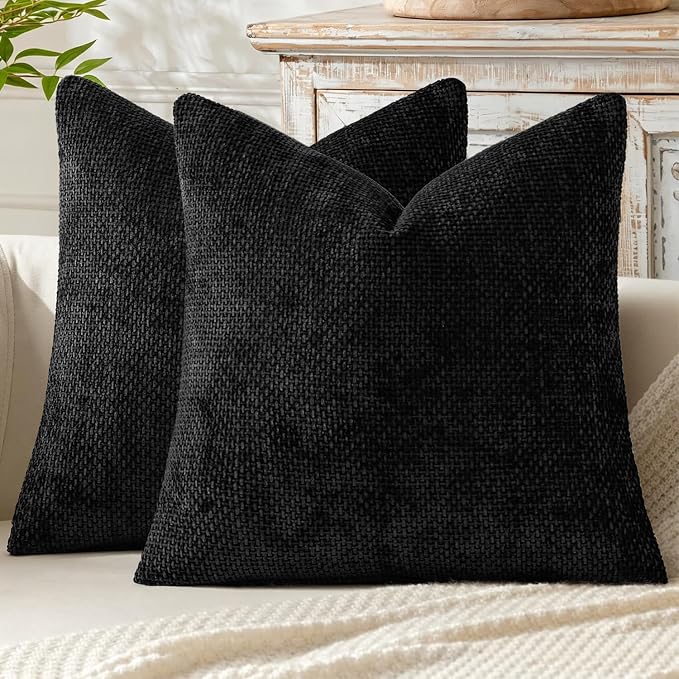 MIULEE Decorative Couch Throw Pillow Covers 18x18 Inch Black 2 Pack | Modern Boho Accent, Soft Chenille Pillow Covers, Farmhouse Cushion Cases for Home Decor Bed Sofa Living Room