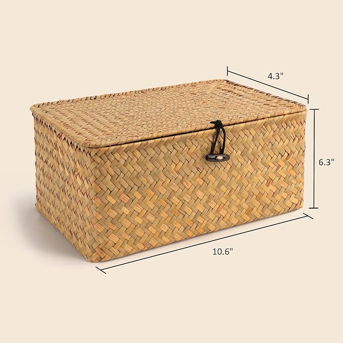Nonam Small Wicker Basket with Lid,Seagrass Shelf Storage Basket,Natural | Basket Container for Organizing, Boho Decorative Basket, Rectangular Household Storage Boxes for Home Organization