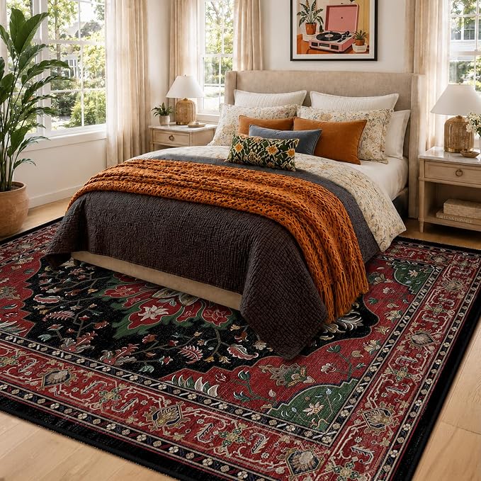 RELEANY Washable Area Rug, 6'x9', Red/Black | Non-Slip, Water Repellent, Pet Friendly, Easy to Clean, Vintage Floral Boho Decor for Living Room Bedroom Dining Room Office