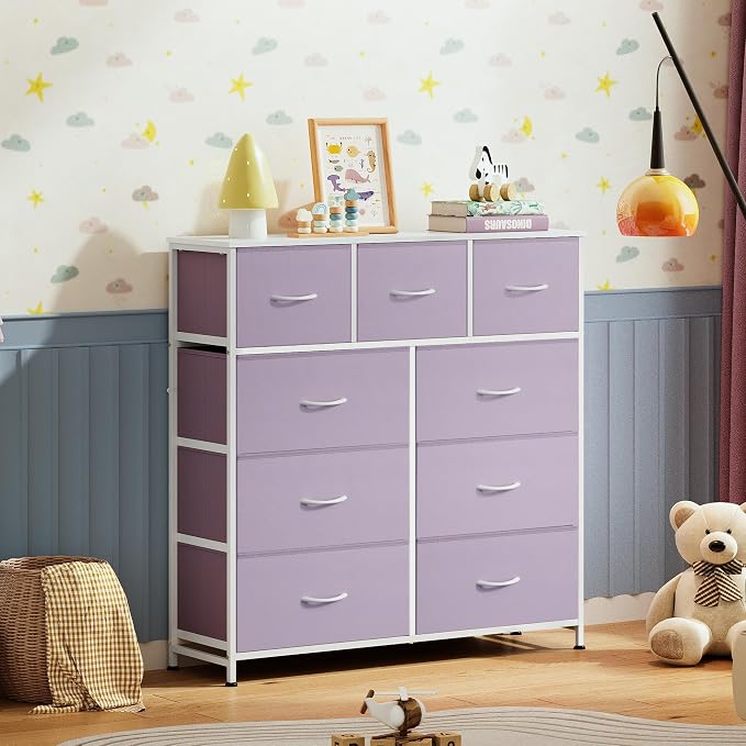 WLIVE Tall Dresser for Bedroom, 9 Drawer Chest of Drawers, Purple | 9 roomy fabric drawers, Tall storage design, Bedroom or closet use, Sturdy steel frame, Smooth wood tabletop
