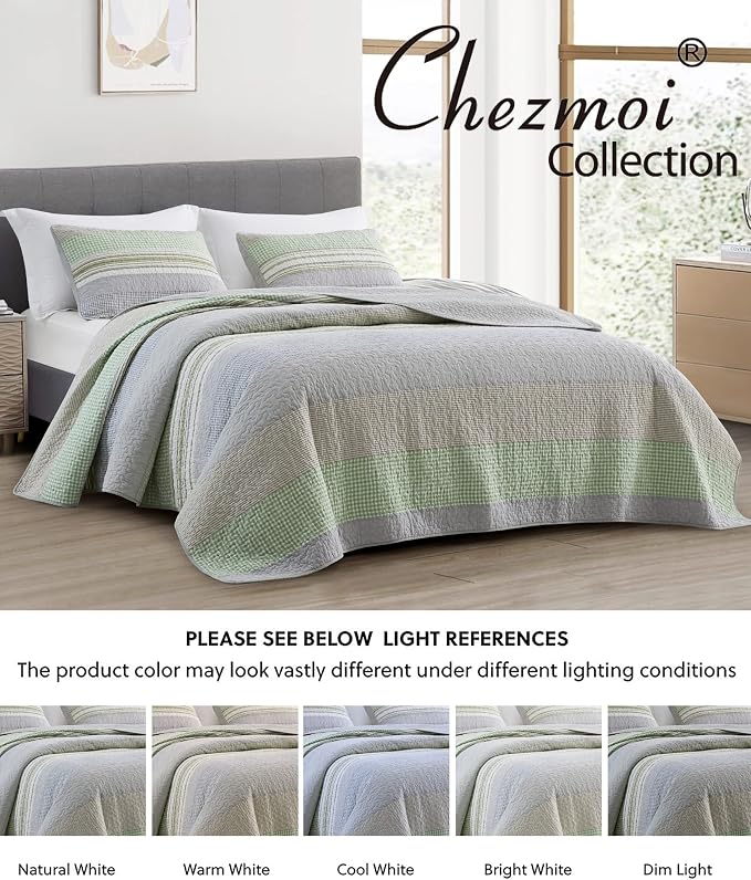 Chezmoi Collection Rene 3-Piece Boho Chic Patchwork Stripe Quilt Set - Green Gray White Plaid Candy Stripe Reversible Bedspread - Pre-Washed Cotton Lightweight Coverlet, Queen Size
