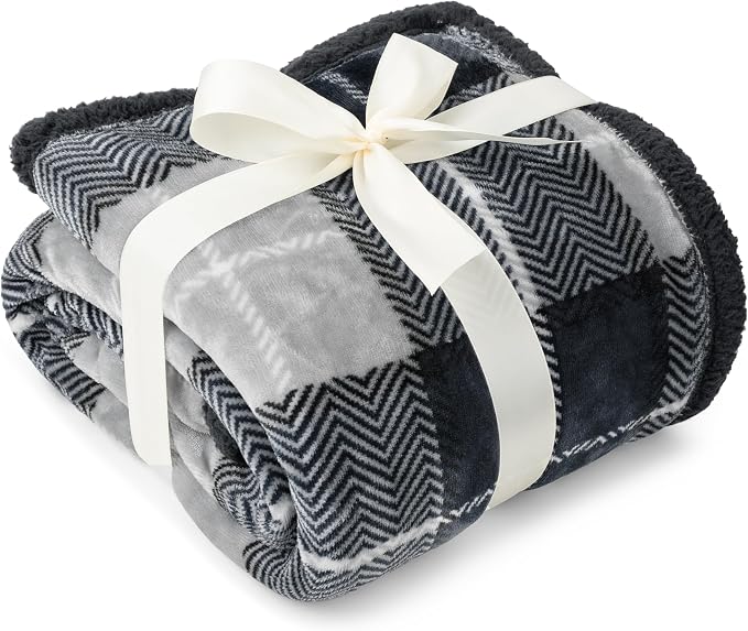 PAVILIA Twin Plaid Sherpa Throw Blanket for Couch Sofa Bed Dark Grey, 60x80 | GSM 460; Soft Plush Flannel Fleece; Warm&Cozy for Home; Machine Washable, Perfect Cabin Decor Winter Holiday Christmas Gift