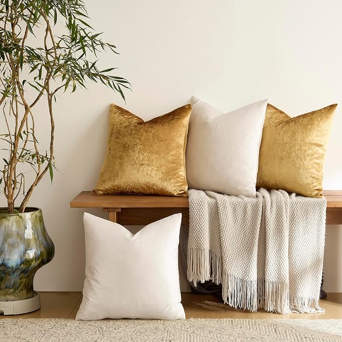 GIGIZAZA Pack of 4 Decorative Velvet Pillow Covers 20x20 Ivory Gold | Throw Pillows for Couch Sofa,280gsm Soft Textured Fabric,Modern Accent Pillowcases,Luxury Living Room Cushion Covers
