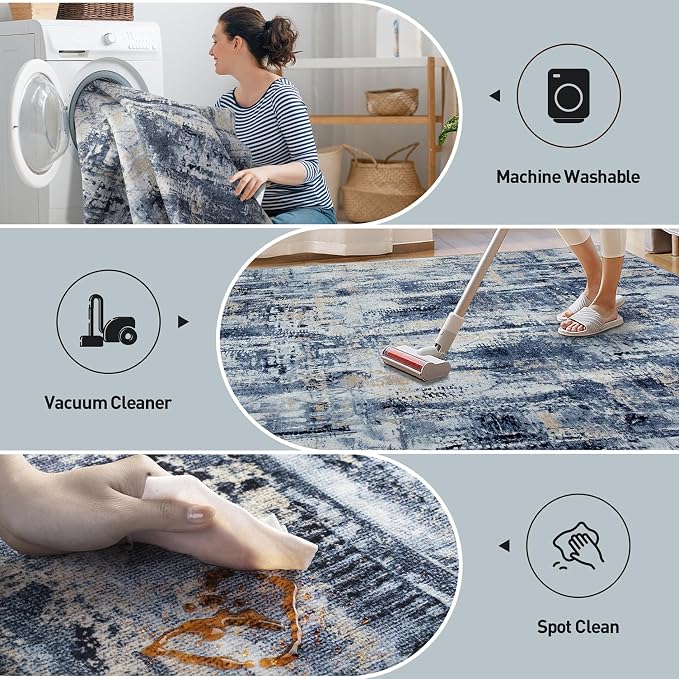 9x12 Area Rugs for Living Room: Washable Abstract Blue Gold Badroom Carpet | Non-slip TPE backing makes this washable soft low-pile rug safe & durable, Pet-friendly decor for dining room,nursery,office