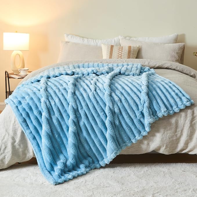 NEWCOSPLAY Fleece Ribbed Cozy Twin Blanket for Couch, Blue, 60"x80" | Premium Silky Flannel Blanket, Soft Lightweight Fluffy Throw Blanket for Bed Sofa Decor, Gift for All Season Use