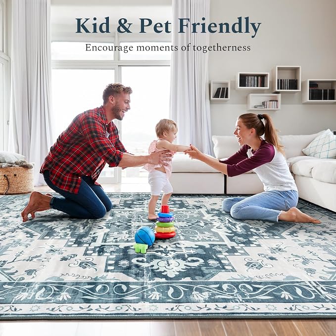 Rugflix 9x12 Area Rugs for Living Room, Washable Light Blue Large Rug | Machine Washable; Stain-Resistant; Low Pile; Non-Slip; Boho Vintage Printed; Carpet for Bedroom Dining Office Nursery Home