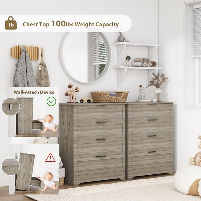 Farmhouse 4 Drawer Dresser for Bedroom, Tall Bedroom Dresser, Rustic Gray | Changing Table Dresser with Large Drawer, Wooden Storage Organizer Cabinet Chest of Drawer for Closet, Living Room, Hallway