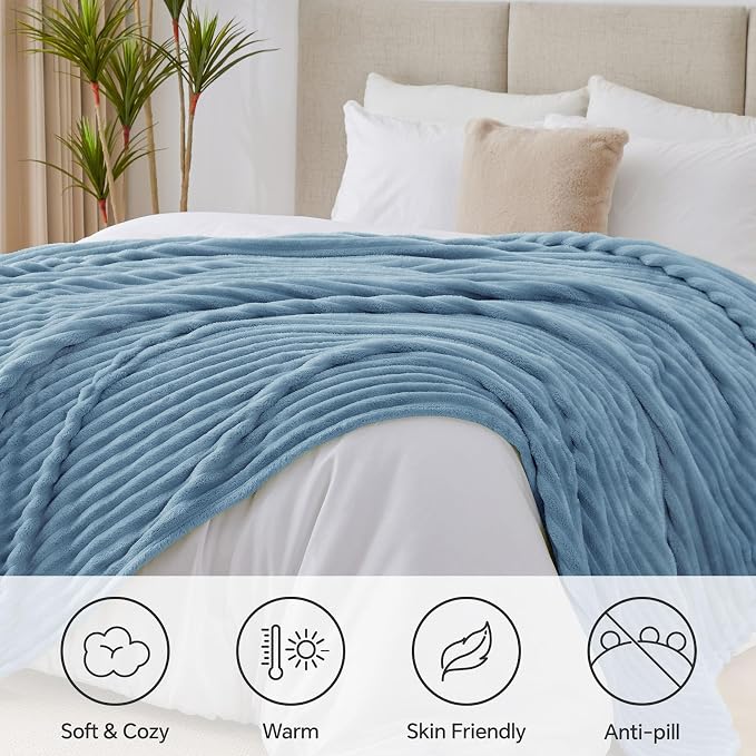 BEDELITE Ribbed Full Size Blanket for Bed, Blue, 84"x90" | Ultra-Soft Plush Fleece, Warm Yet Lightweight, Ribbed Texture, Home Decor, Machine Washable, Giftable, All-Season Use
