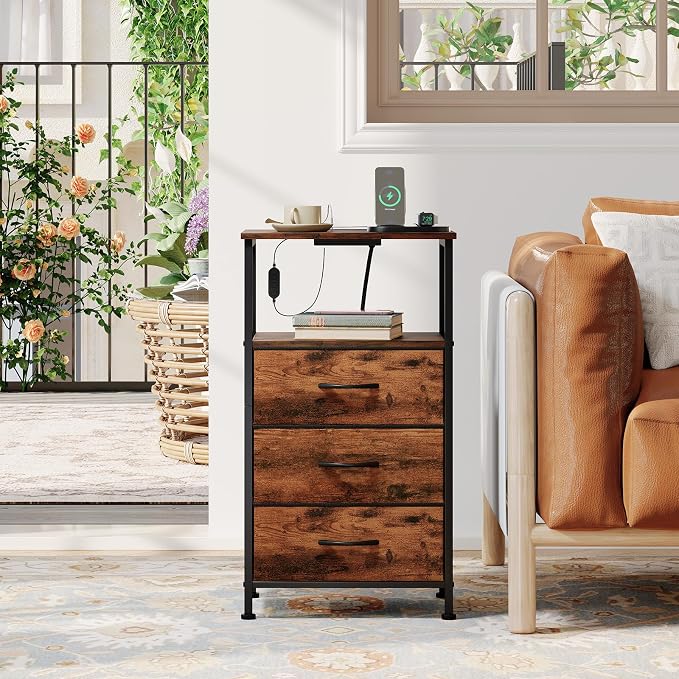 Somdot Tall Nightstand with 3 Drawers, Charging Station & LED Light | Fabric-Bin Dresser for Bedroom, Bedside, Kids Room, Dorm, Closet, Laundry and Entryway, Brown