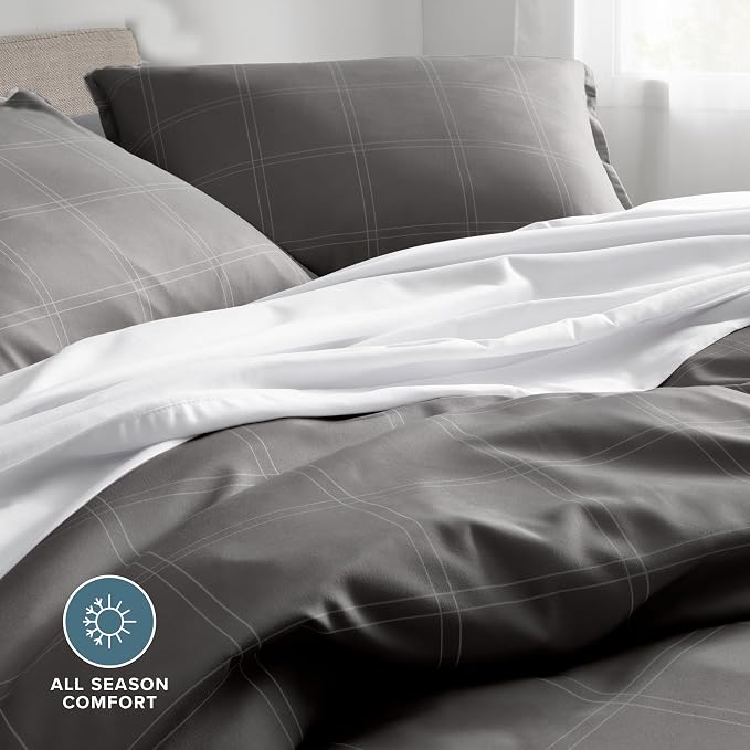 Bare Home Duvet Cover Set (Queen, Modern Plaid - Grey/White) | 1800 Ultra-Soft, Lightweight, Cooling, Breathable, Premium, All-Season