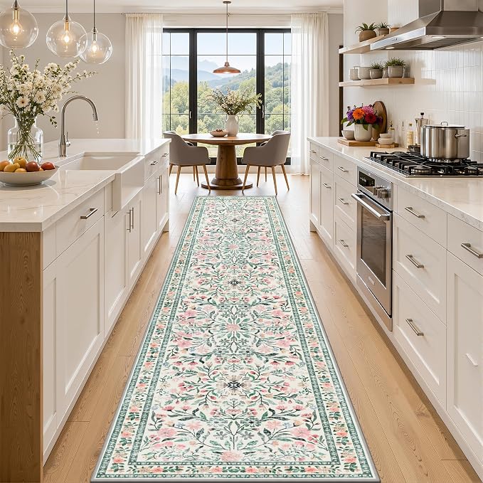 PLHXFR 2.6x14 Washable Runner Rug：Floral Indoor Kitchen Carpet Green Beige | For Hallway Bedroom Kitchen Laundry Bathroom Dorm,Vintage Floral,Machine washable,Non Slip,Stain Resistant,Indoor Floor