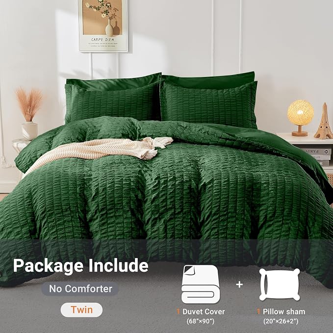 HYMOKEGE Dark Green Twin Size Duvet Cover, Ultra Soft 2-Piece Seersucker Duvet Cover Set with Zipper Closure, Soft Brushed Microfiber Bedding Set with 8 Corner Ties (68"x90", 1 Pillowshams)