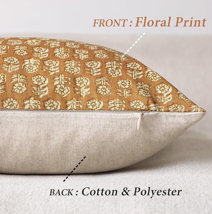 Foindtower Set of 2 Decorative Vintage Floral Print Throw Pillow Covers Neutral Modern Farmhouse Cushion Cover Boho Home Decor For Sofa Couch Chair Bedroom Living Room Outdoor,24×24 Inch,Golden Orange