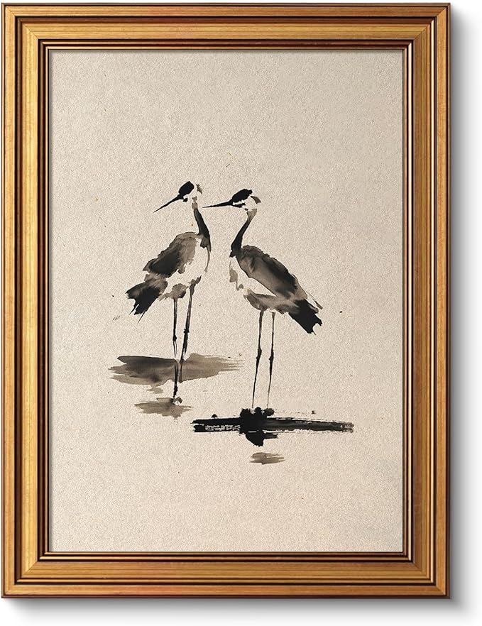 VIYYIEA Vintage Gold Framed Wall Art for Living Room, Two Cranes Canvas Prints Home Decor, Ink Painting Picture, Bedroom Wall Decor Gifts for Friends or Family -【Two Cranes】-(16L x 12W)