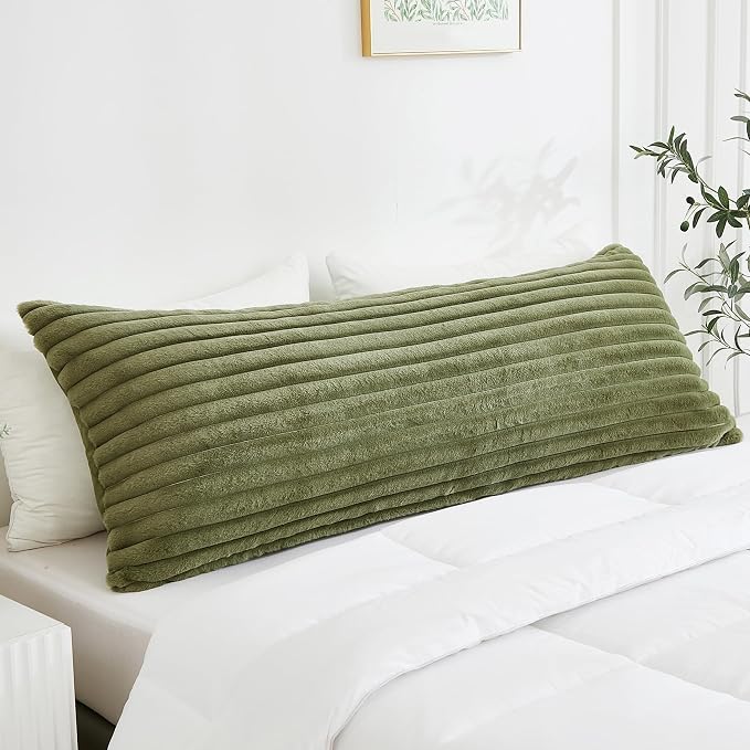 Full Body Pillow with Fluffy Stripe Faux Fur Removable Cover, Long Bed Pillow Adult 20x54 Inches for Side Sleeper and Pregnancy, Sage.
