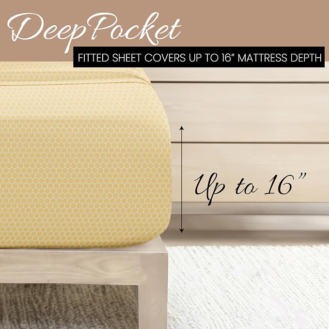 Linen Market Patterned Microfiber Twin Sheet Set 3 Piece – Oeko-TEX Certified Ultra Soft & Wrinkle-Free - 16" Deep Pocket Sheets - Easy Care Twin Size - Honeycomb Yellow