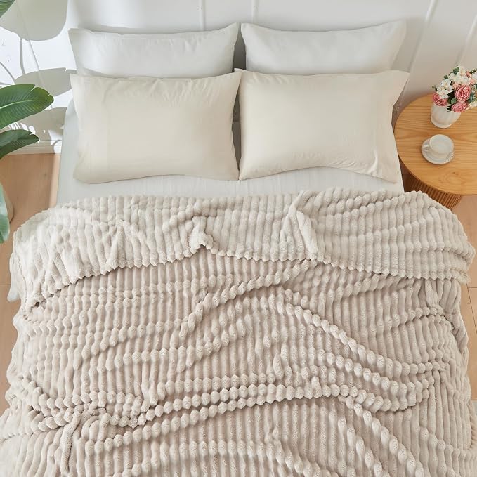 NEWCOSPLAY Fleece Ribbed Cozy Throw Blanket for Couch, Linen, 50"x60" | Premium Silky Flannel Blanket, Soft Lightweight Fluffy Throw Blanket for Bed Sofa Decor, Gift for All Season Use