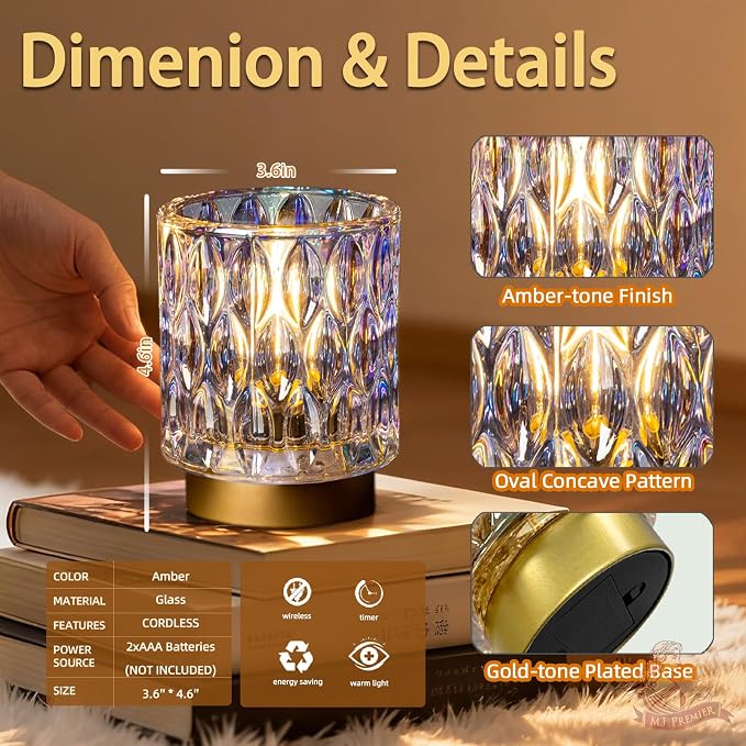 Battery Operated Table Lamp Timer, Small Cordless Lamps Decorative, Pearl | Mini Crystal Lamp for Area No Plug, LED Battery Powered Lamps Wireless, Glass Accent Light for Bathroom Fireplace Shelf Decor