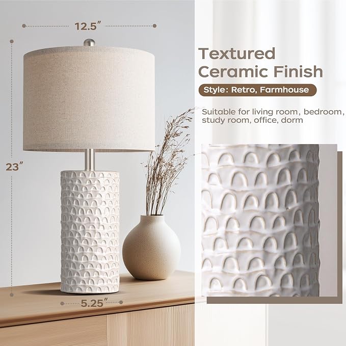 23" Modern Ceramic Table Lamp Set of 2, Table Lamps for Living Room, Rustic Farmhouse Bedside Lamps Nightstand lamp for Bedroom, White Desk Lamp for End Table Home Decor Beige