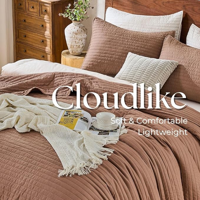 DOWN HOME Cali King Quilt Bedding Set with Shams, Vintage Washed Quilted Blanket Thin Comforter Lightweight Bedspread Coverlet Bed Cover, Brushed Microfiber Stitching, Washed Terra, 111"x92"