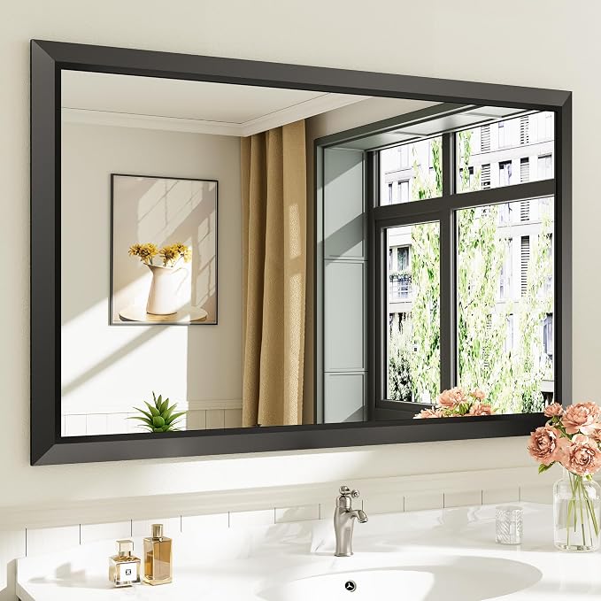 Black Metal Framed Bathroom Wall Mirror, 48x30 Inch | Anti-rust, HD tempered glass, for bathroom vanity, bedroom, living room, horizontal or vertical mount
