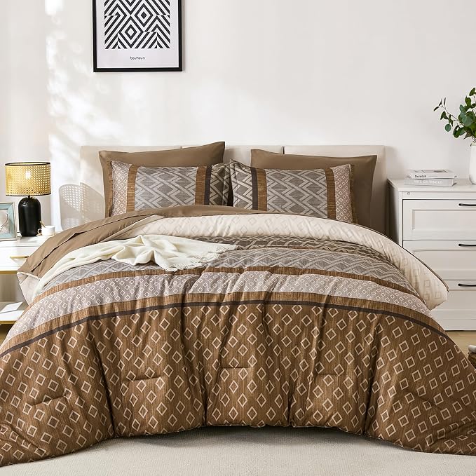 Cottolester Boho King Comforter Set,Khaki and Brown Striped Bed in a Bag | Fall Plaid Bed Set,Soft Microfiber Complete Bedding Sets